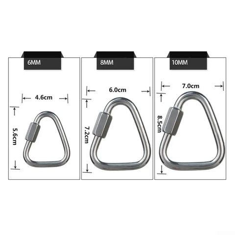 Stainless Steel Carabiner Heavy Duty Safety Lock For Climbing Caving Rappelling Firefighting Rescue And Industrial Rigging Up To 60kN Load Capacity 6mm with size options 6mm, 8mm, 10mm.