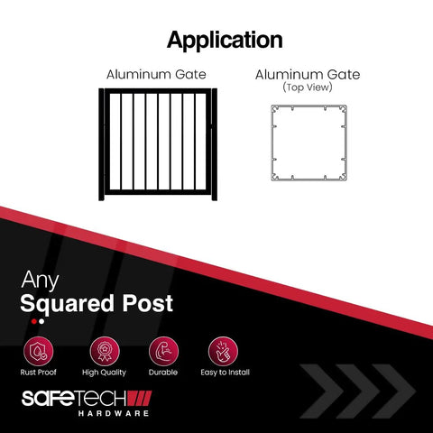 Heavy Duty Self Closing Gate Hinges With Adjustable Spring Tension For Smooth Pool Safety And Kid Proof Latching On Any Square Post Or Aluminum Fence Setup In Black application diagram.
