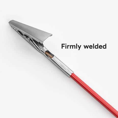 Close-up of 5 Pack Alligator Clip Test Leads Dual Ended Crocodile Clips With Insulated Flexible Copper Wires For Electrical Testing 10ft (3m) Length 1000V 15A Durable Rubber Insulation Pro Grade, showing a red-coated alligator clip with 'Firmly welded' text.