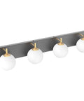 Mid Century Modern Four Light Vanity Light With Milky Glass Globes Over Mirror Dope Vintage Style Bathroom Fixtures Featuring Gold Pole