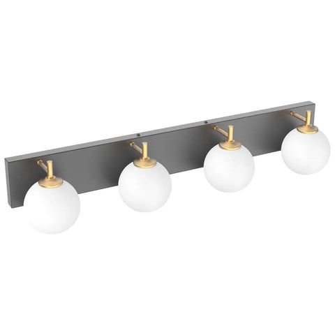 Mid Century Modern Four Light Vanity Light With Milky Glass Globes Over Mirror Dope Vintage Style Bathroom Fixtures Featuring Gold Pole