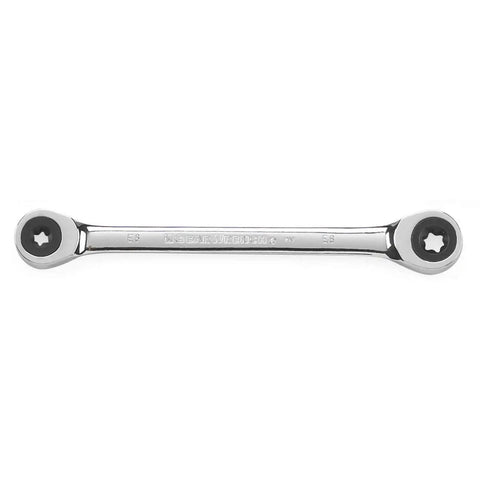 4 Piece Double Box Ratcheting E-Torx Wrench Set For Gearheads, 72-Tooth Ratchet With A 5 Degree Swing, Off Corner Loading For Superior Grip And Less Fastener Rounding, Lightweight Pro Grade Hand Tools showing single wrench with two E-Torx ends