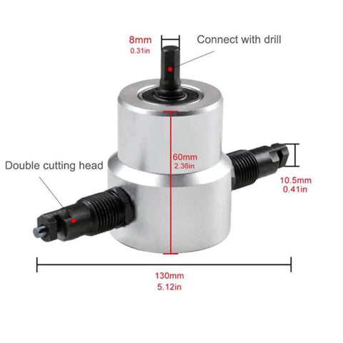 Pro Grade Sheet Metal Nibbler Cutter For Drills 360 Degree Adjustable Cutting Tool Kit with Wrench Double Head Nibbler dimensions shown