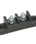 Heavy Duty Top Shelf 2 Post Automotive Junction Block For Clean Wire Routing And Straight Shooting Electrical Connections In Your Custom Street Machine Setup, showing two metal terminals on a black hub.