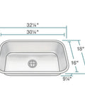 Diagram showing dimensions of Undermount Stainless Steel 32-1/4 In Single Bowl Kitchen Sink With Deep Basin Brushed Satin Finish 18-Gauge.