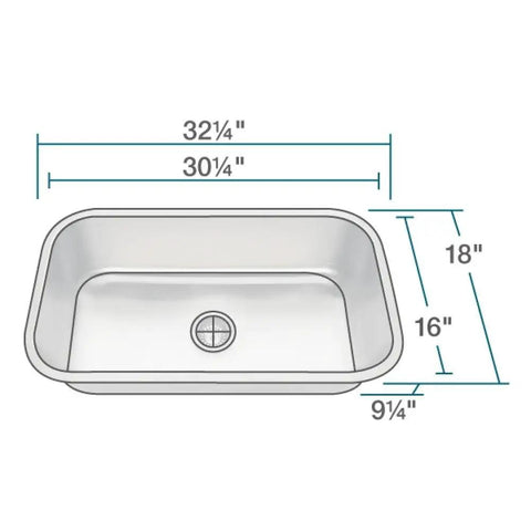 Diagram showing dimensions of Undermount Stainless Steel 32-1/4 In Single Bowl Kitchen Sink With Deep Basin Brushed Satin Finish 18-Gauge.
