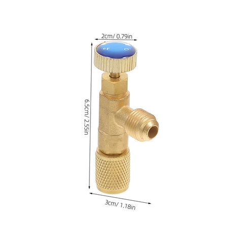 Heavy Duty Brass Refrigerant Valve Adapter Swaps R410 To R22 Smooth As Silk For Car Ac And Ev Coolers No Sweat Plug Right In Quick Install Fitting Kit With Injector, showing brass construction and dimensions.