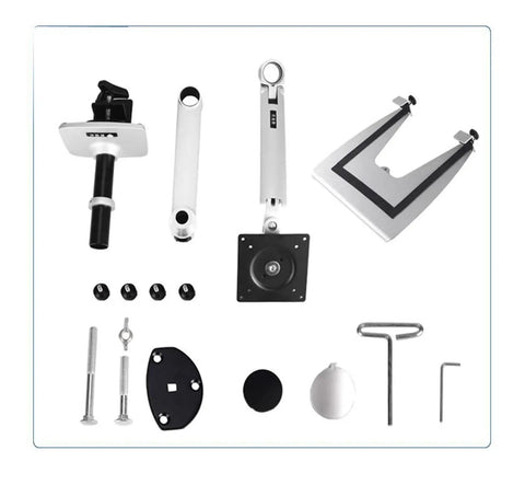 Heavy Duty Aluminum Spring Arm Desk Mount Supports 17 To 27 Inch Screens With A Dang Sturdy Clamp Super Smooth Tilting Action For Zero Sweat Ergonomic Office Setup parts laid out on a surface.