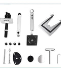 Premium Aluminum Desk Mount With Flexible Spring Arm Fits 17 To 27 Inch Screens And Laptops parts laid out for assembly, including arms and mounts.
