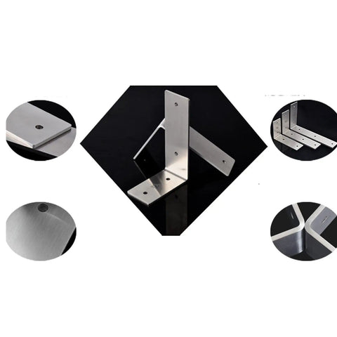 Heavy Duty Stainless Steel Shelf Brackets, Wall Mounted L Corner Supports, close-up view of 8.86 inch sturdy brackets with pre-drilled holes.