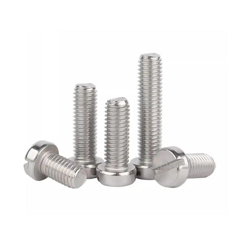 Heavy Duty Top Shelf Stainless Steel M3 Cheese Head Machine Screws With Slotted Heads, pack of five varying lengths.