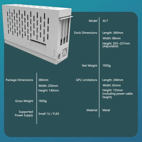 Plug And Play PCIe 4.0 X16 To Oculink SFF 8612 External GPU Dock, metal, adjustable height 203-227mm, dimensions 340x86mm.