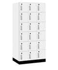 Six Tier Wood Locker With High Pressure Laminate And Silver Electronic Locks Arctic White Storage, 12-inch wide, for gym locker rooms.