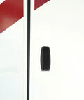Sturdy Black Truck Rv Baggage Door Catches Clips with High Hardness Holders Retainers For Camper And Trailer Heavy Duty Plastic Clasp Hangers mounted on a white storage door.
