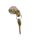 Gold key inserted in a silver lock mechanism, side view, isolated on a white background.