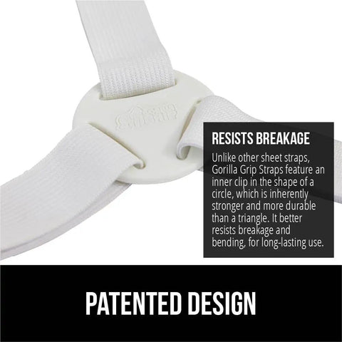 Patented Bed Sheet Holders With Adjustable Elastic Straps And Metal Clips Close-Up Showing Circular Design