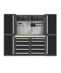 Heavy Duty Garage Storage Cabinet System With Solid Wood Workbench And Wall Mounted Pegboard Hooks For No Sweat Workshop Organization And Knockout Tool Storage Setup featuring freestanding design and storage drawers.
