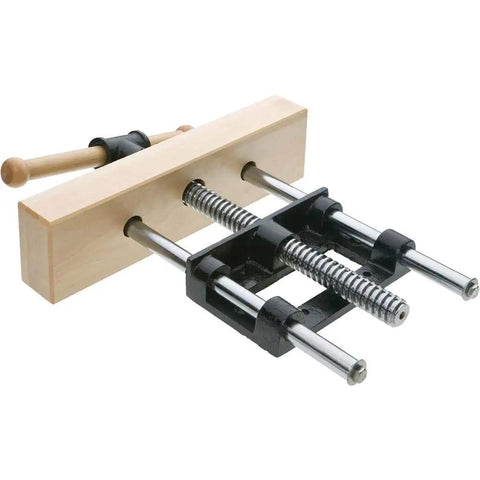 Heavy Duty Cabinet Maker Front Vise With Birch Jaw 13 Inch Long And Three And A Half Inch Wide Jaw, 2 Inch Thick, 1 Inch Diameter By Eleven And A Half Inch Screw, Steel And Cast Iron Build For Large Holding Capacity On One And A Half Inch Benchtops, showing steel mechanism and birch jaw from side view.