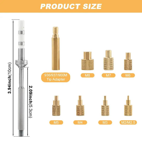 M2 To M8 Pro Grade Heat Set Insertion Tool Kit With Brass Knurled Nuts And Stainless Steel Tip Adapters for precise embedded insert installation