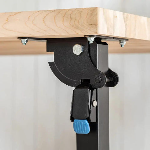 Close-up of hinge assembly on Folding Top Extension Kit for Workbench, Space Saving Expansion That Adds A Large, Stable Work Surface