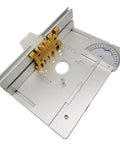 Heavy Duty Aluminum Router Table Insert Plates 3 Pack for low sweat wood milling, showing a precision cutting surface with miter gauge.