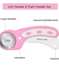 Pink 45mm Rotary Cutter with 5 Extra Blades, Ergonomic Grip, Safety Lock for Fabric Leather Crafting Sewing and Quilting, Left or Right Hand