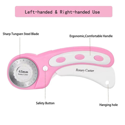 Pink 45mm Rotary Cutter with 5 Extra Blades, Ergonomic Grip, Safety Lock for Fabric Leather Crafting Sewing and Quilting, Left or Right Hand