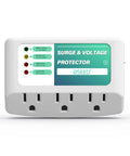 Front view of three outlet surge protector with LED indicator lights for refrigerator TV PC and other home appliances, wall mount power strip 125V 1875W capacity, safe voltage protection for home use, 1 pack.