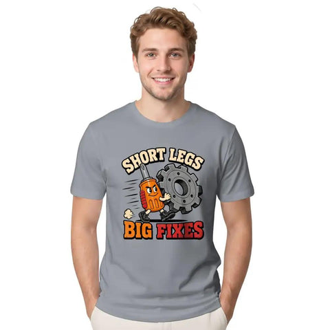 Classic Cool Stubby Screwdriver T-Shirt For DIY Engineers With Short Legs Big Fixes Humor in gray cotton.