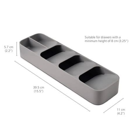 Slick And Dead Simple Kitchen Drawer Organizer Tray With Stackable Compartments For Killer Silverware Sorting and No Sweat Flatware Storage Setup In Sleek Grey dimensions 39.5 cm x 11 cm x 5.7 cm