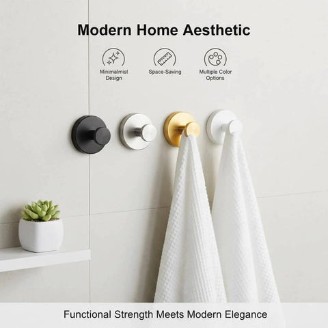 Four modern suction cup hooks with towels, minimalist design, different colors; heavy duty suction cup hooks for shower stainless steel no drill mounts with strong vacuum grip waterproof for glass doors tile and mirror damage free installation by pressing and twisting to lock great for towels wreaths and more.