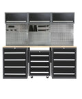Badass Metal Workbench Station With Locking Rolling Chest Full Pegboard Setup Heavy Duty Wood Top Garage Tool Cabinet Storage System No Drill Install Needed, featuring black drawers and pegboard.