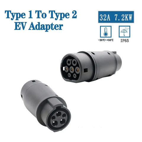 Top Shelf Plug And Play Type 1 To Type 2 EV Charger Adapter 32A Electric Vehicle Socket Converter SAE J1772 Connector Upgrade, black design.