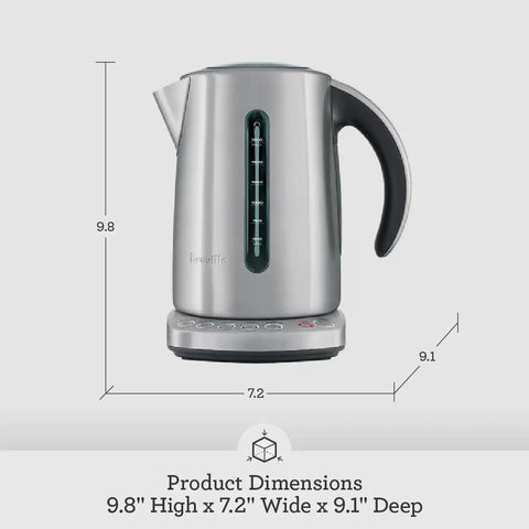Smart Temperature Kettle With 7 Cup Capacity In Brushed Stainless Steel Quick Boil And Exact Brew Settings For Black Green White Oolong Tea And French Press Coffee Your Go To Brew product image showing dimensions 9.8" high, 7.2" wide, 9.1" deep.