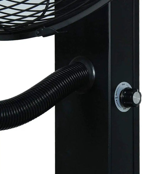 Heavy Duty Industrial Misting Fan Slick Oscillating Fan Noiseless High Velocity Air Circulator control panel and hose details.
