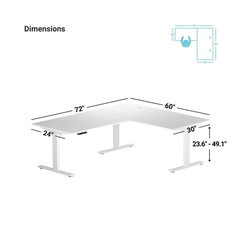 Dimensions of Badass Electric Height Adjustable L Shaped Corner Desk Featuring 72 By 60 Inch Workspace with 24 inch depth.