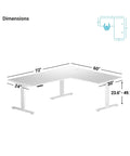 Dimensions of Electric Height Adjustable L Shaped Corner Desk, Massive 72 By 60 Workspace Platform, with height range.