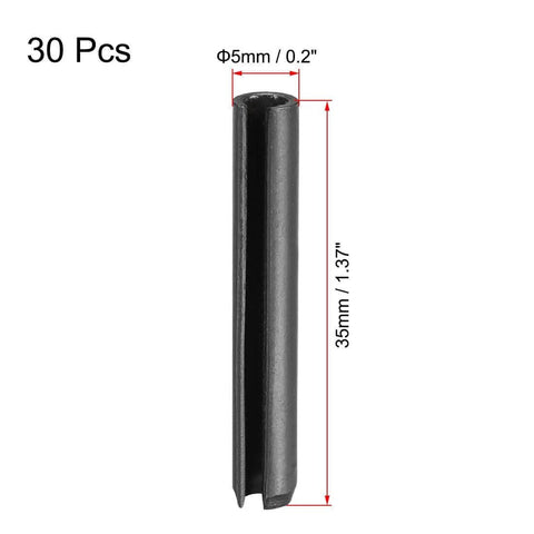 Slotted Spring Pin 5mm By 35mm Plain Finish 65Mn Roll Assortment Kit, 30 Pieces displayed with dimensions in mm and inches