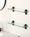 Two Pack 16 Inch Tempered Glass Bathroom Shelves With Matte Black Wall Mount Floating Shelves For Vanity Or Shower Sturdy Modern Storage