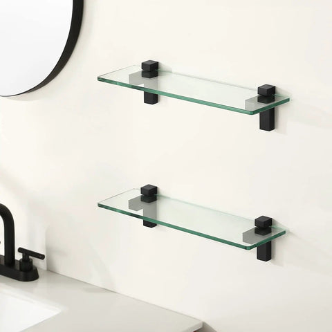 Two Pack 16 Inch Tempered Glass Bathroom Shelves With Matte Black Wall Mount Floating Shelves For Vanity Or Shower Sturdy Modern Storage