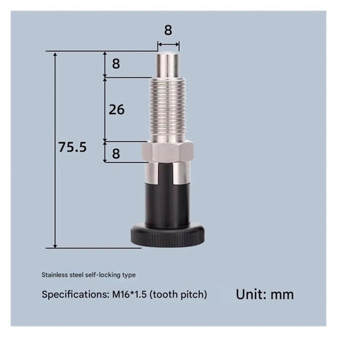 Heavy Hitter Two Piece Metal Dowel Pins With Self Locking Spring Plunger Indexing Knob, stainless steel, 75.5mm height.