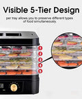Heavy Duty Five Tier Electric Food Dehydrator With Bright Digital Screen And Temperature Control Timer for preserving multiple foods.