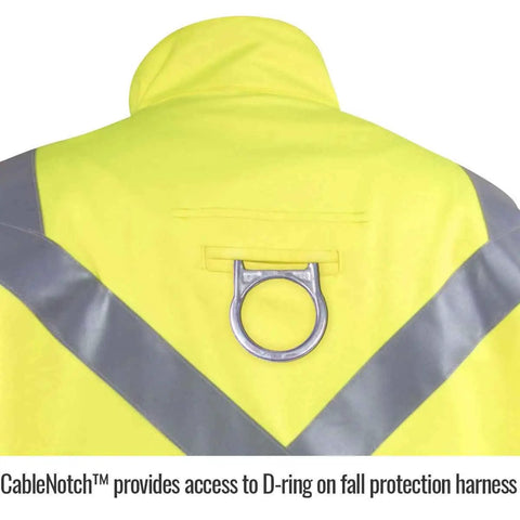 No Nonsense High Visibility Safety Vest Made From Flame Resistant Cotton Class 2 Ansi Type R Back Access Large Size Built Tough For Welding Crews With Badass Silver Reflective Tape Strips, featuring D-ring access.