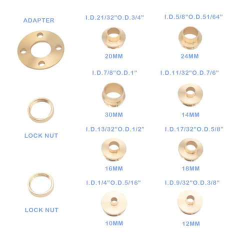Premium 11 Pc Metric Router Guide Bushing Set Solid Brass Template Bushings: adapter and various sized bushings in brass.