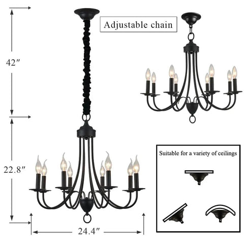 Black 8 Light Farmhouse Chandelier With Easy Installation For Dining Room And Kitchen Over Table Rustic Pendant Ceiling Light E12 Base