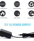 UL Listed 12V 3A Power Supply Charger Adapter 100 240V AC Input To DC 12V 36W All Purpose Universal Switching Transformer Converter With 5.5 x 2.1 mm And 5.5 x 2.5 mm Plugs High Efficiency Low Noise Overload And Short Circuit Protection., 12V 3A wall adapter with plug and DC cable