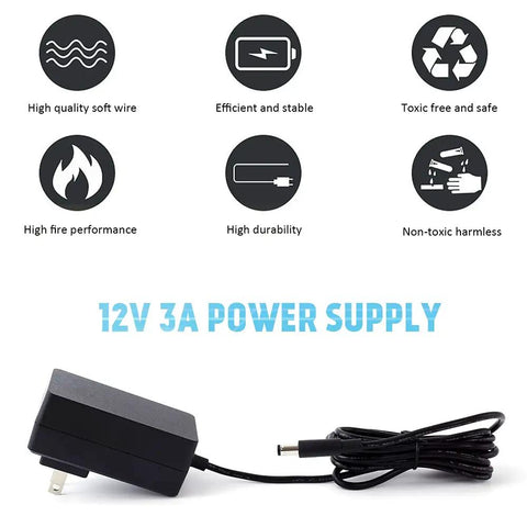 UL Listed 12V 3A Power Supply Charger Adapter 100 240V AC Input To DC 12V 36W All Purpose Universal Switching Transformer Converter With 5.5 x 2.1 mm And 5.5 x 2.5 mm Plugs High Efficiency Low Noise Overload And Short Circuit Protection., 12V 3A wall adapter with plug and DC cable