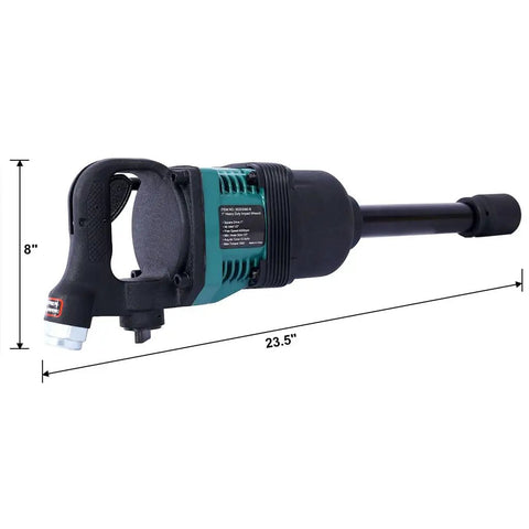 Badass 1 Inch Pneumatic Impact Wrench 1900 Ft Lbs Max Torque 4000 Rpm with 23.5 inch length and 8 inch height for heavy-duty repairs.
