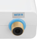 Compact Tankless Electric Water Heater With Remote Control For Instant Straight Up Hot Water At 3000 Watts No Preheating Needed, water inlet close-up.