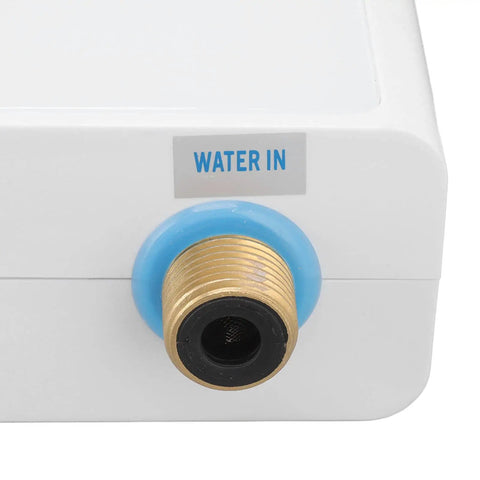 Compact Tankless Electric Water Heater With Remote Control For Instant Straight Up Hot Water At 3000 Watts No Preheating Needed, water inlet close-up.